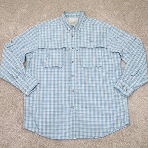 L.L. Bean Shirt Mens Large Blue/White Plaid Roll Sleeve Vented Hiking L/S Button